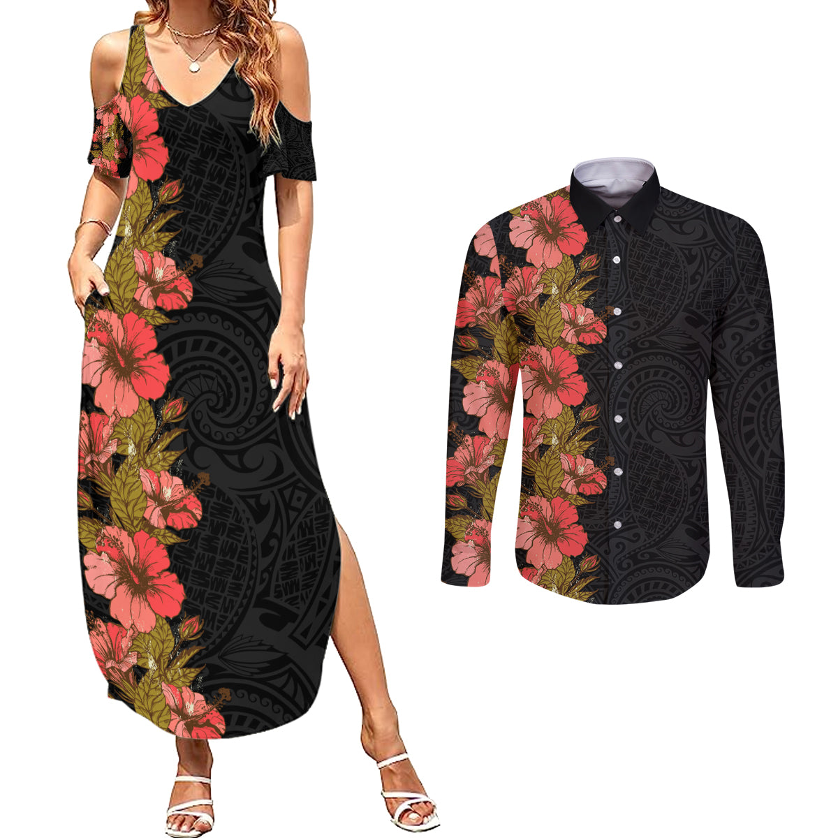 Hawaii Tropical Flowers Tribal Pattern Couples Matching Summer Maxi Dress and Long Sleeve Button Shirt No4 LT9 Black - Polynesian Pride