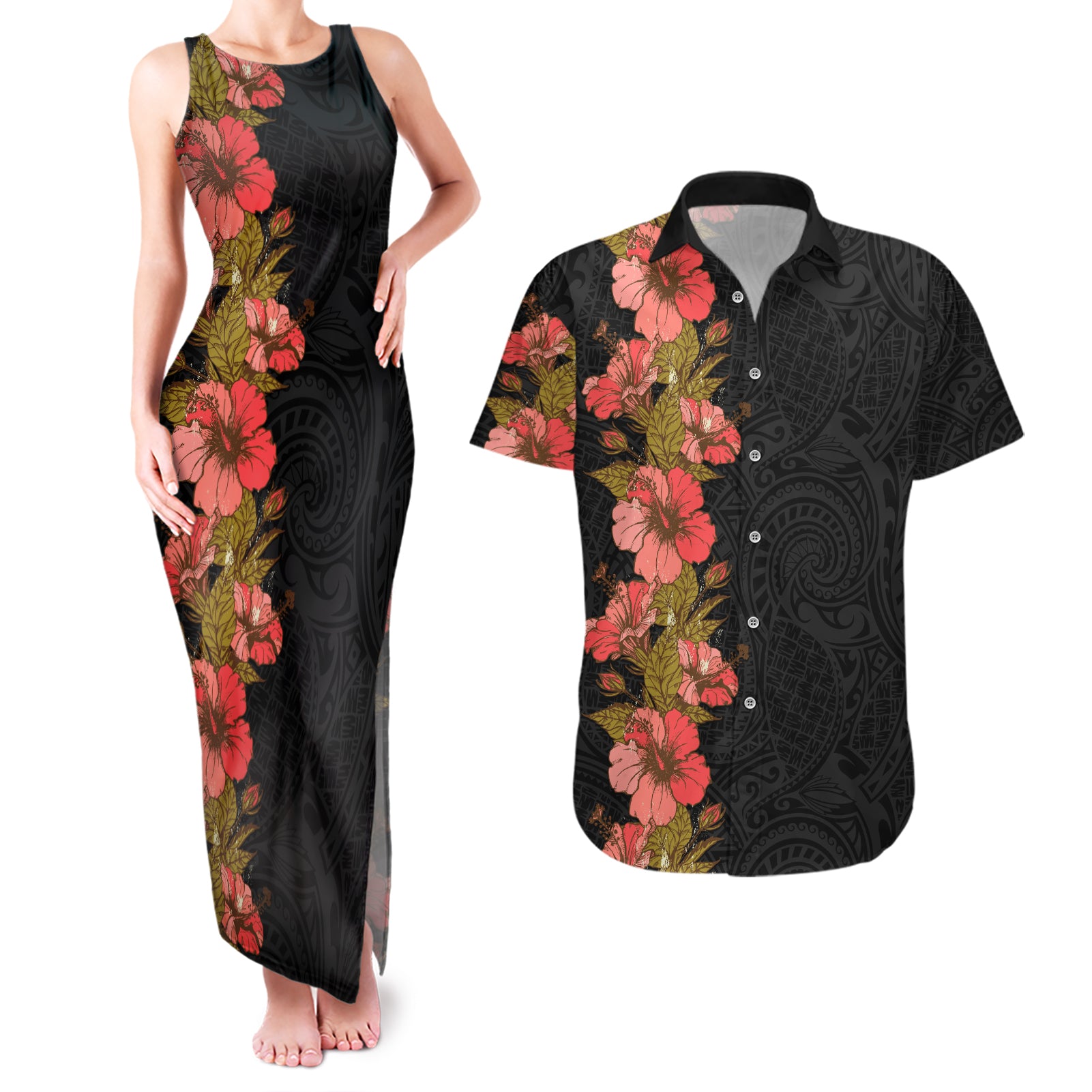 Hawaii Tropical Flowers Tribal Pattern Couples Matching Tank Maxi Dress and Hawaiian Shirt No4 LT9 Black - Polynesian Pride