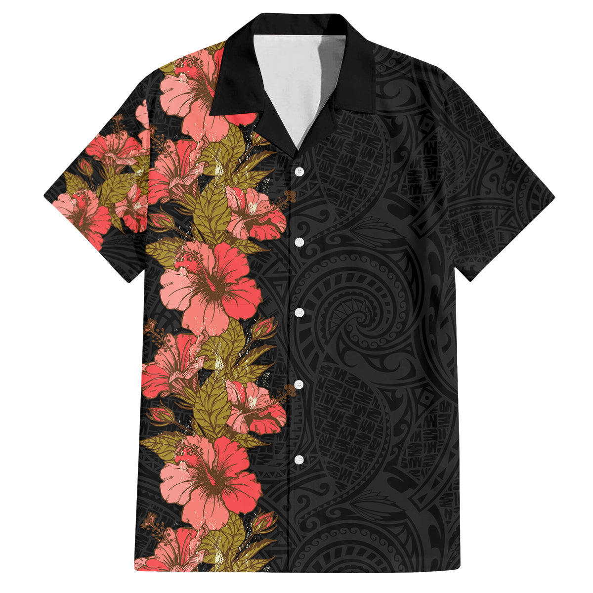 Hawaii Tropical Flowers Tribal Pattern Family Matching Long Sleeve Bodycon Dress and Hawaiian Shirt No4 LT9 Dad's Shirt - Short Sleeve Black - Polynesian Pride