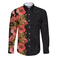 Hawaii Tropical Flowers Tribal Pattern Family Matching Long Sleeve Bodycon Dress and Hawaiian Shirt No4 LT9 Dad's Shirt - Long Sleeve Black - Polynesian Pride