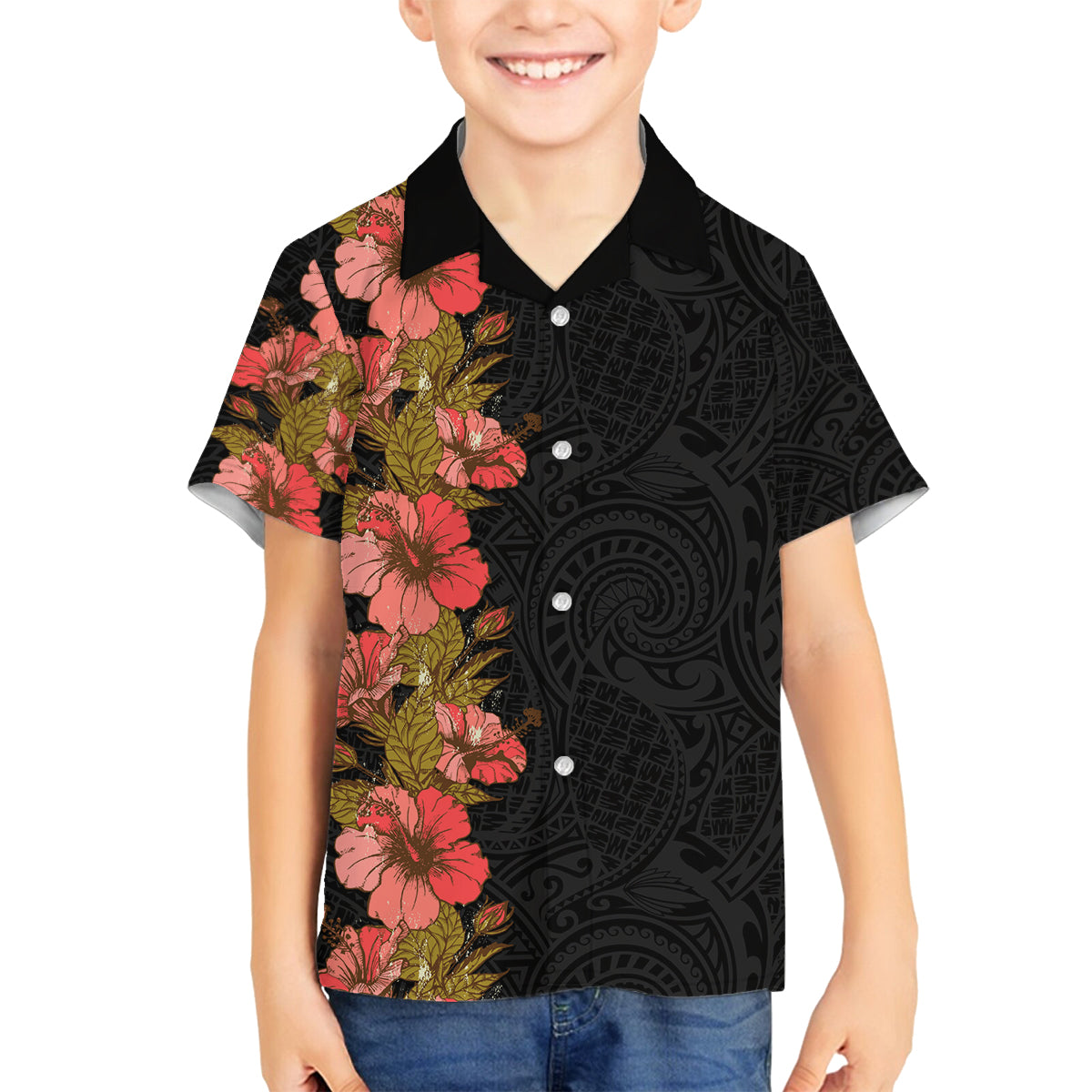 Hawaii Tropical Flowers Tribal Pattern Family Matching Long Sleeve Bodycon Dress and Hawaiian Shirt No4 LT9 Son's Shirt Black - Polynesian Pride