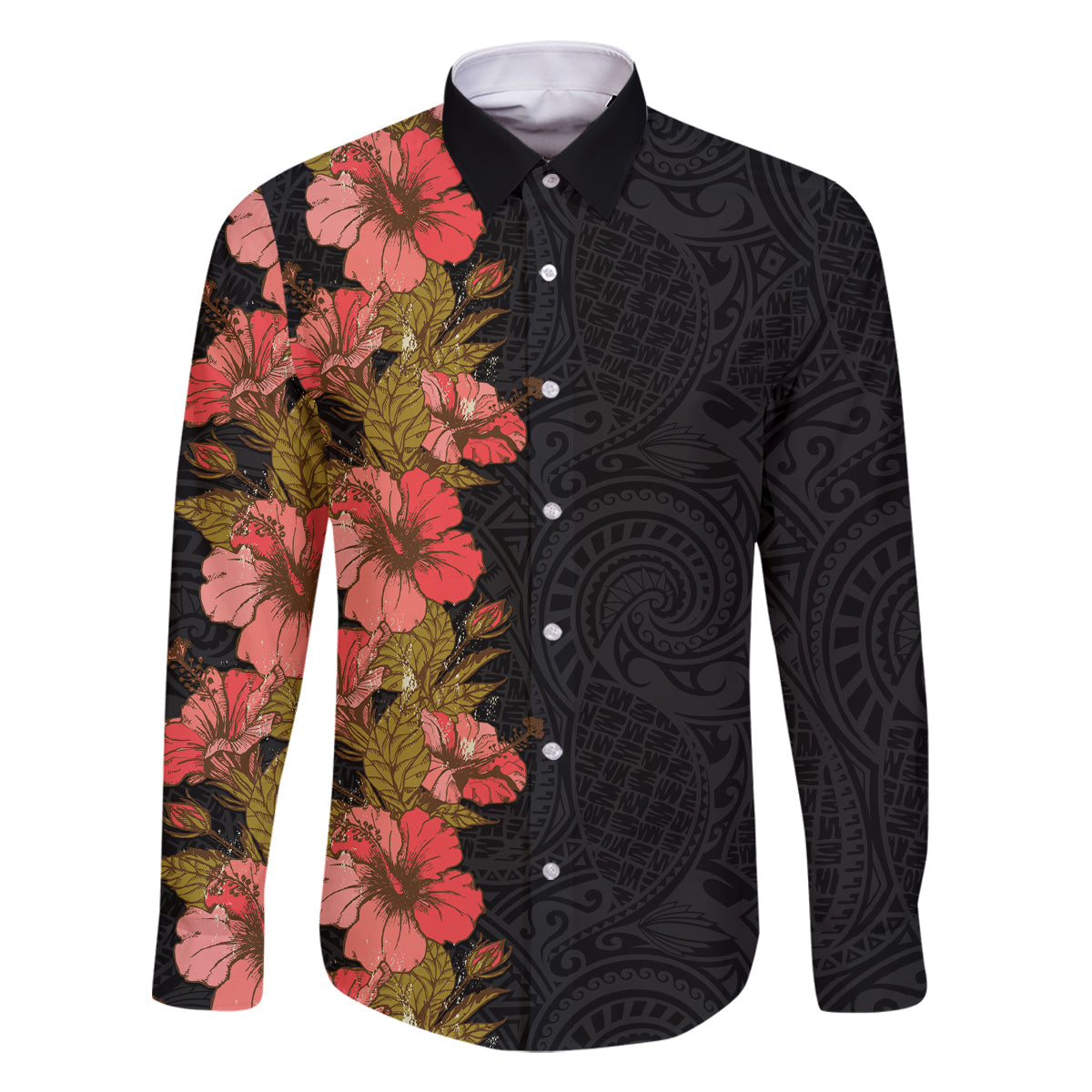 Hawaii Tropical Flowers Tribal Pattern Family Matching Off Shoulder Short Dress and Hawaiian Shirt No4 LT9 Dad's Shirt - Long Sleeve Black - Polynesian Pride