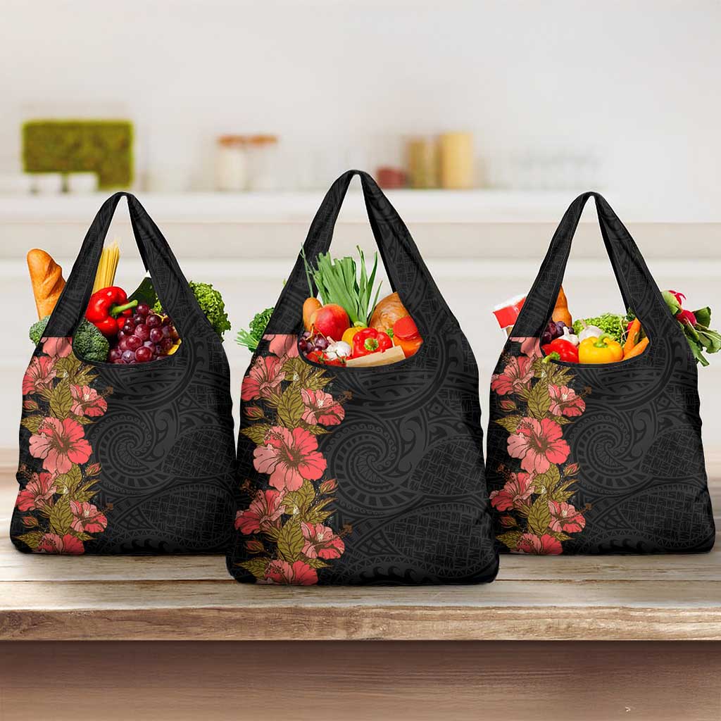 Hawaii Tropical Flowers Tribal Pattern Grocery Bag No4