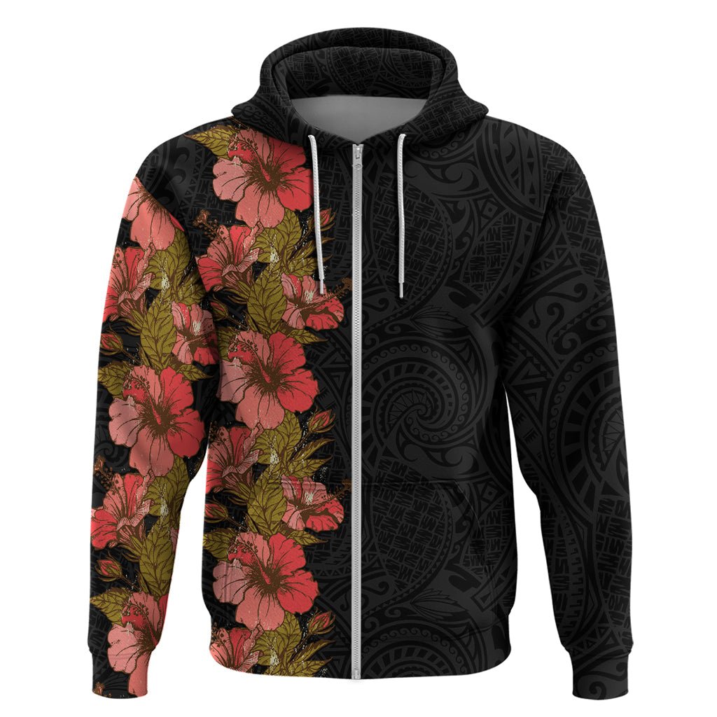 Hawaii Tropical Flowers Tribal Pattern Hoodie No4 LT9 Zip Hoodie Black - Polynesian Pride