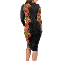 Hawaii Tropical Flowers Tribal Pattern Long Sleeve Bodycon Dress No4 LT9 - Polynesian Pride