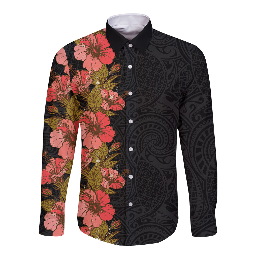 Hawaii Tropical Flowers Tribal Pattern Long Sleeve Button Shirt No4 LT9 Unisex Black - Polynesian Pride