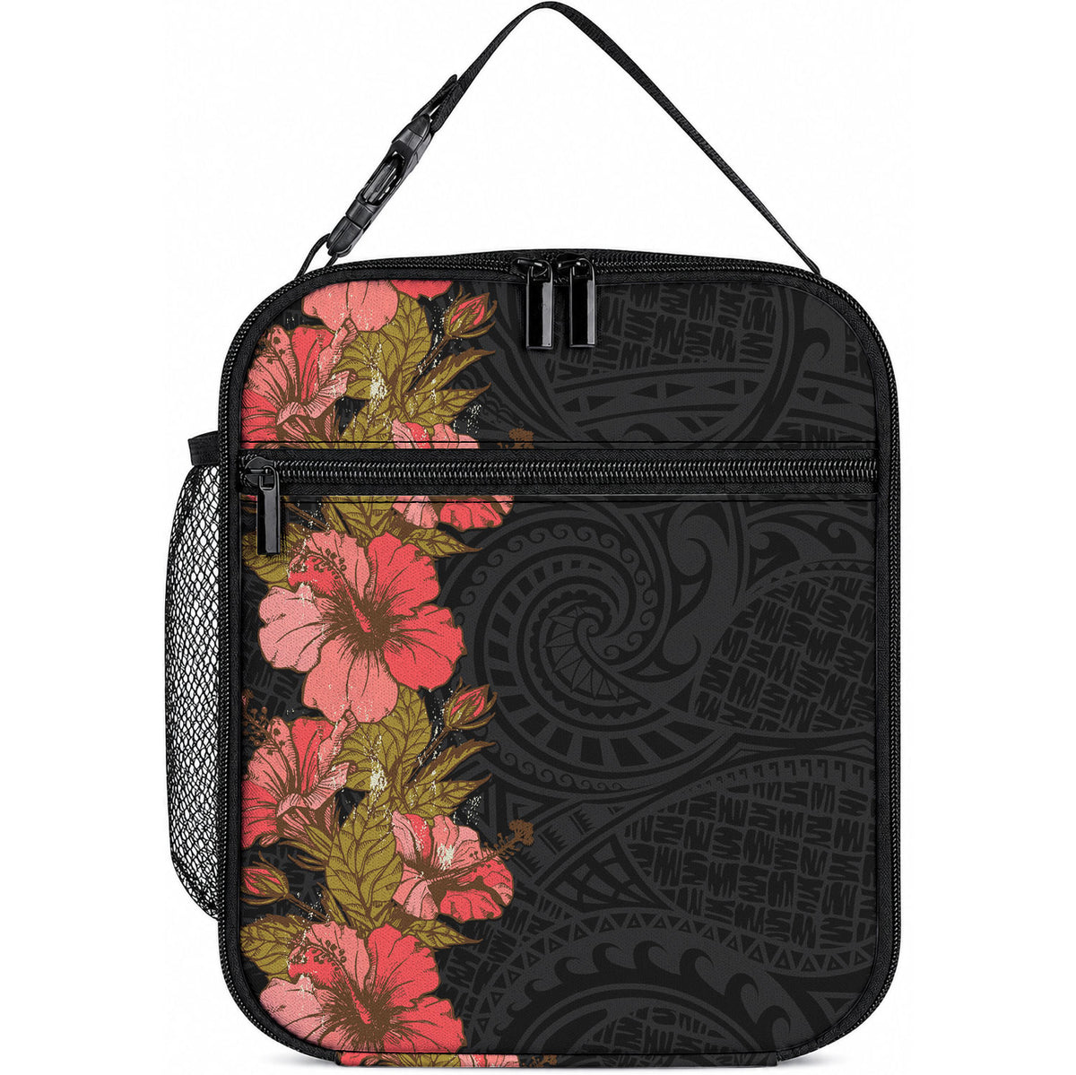 Hawaii Tropical Flowers Tribal Pattern Lunch Bag No4 LT9 10.2 × 8.3 × 4.3 inch Black - Polynesian Pride