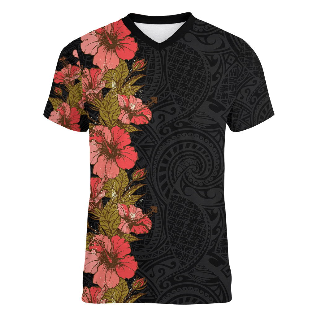 Hawaii Tropical Flowers Tribal Pattern Women V Neck T Shirt No4 LT9 Female Black - Polynesian Pride