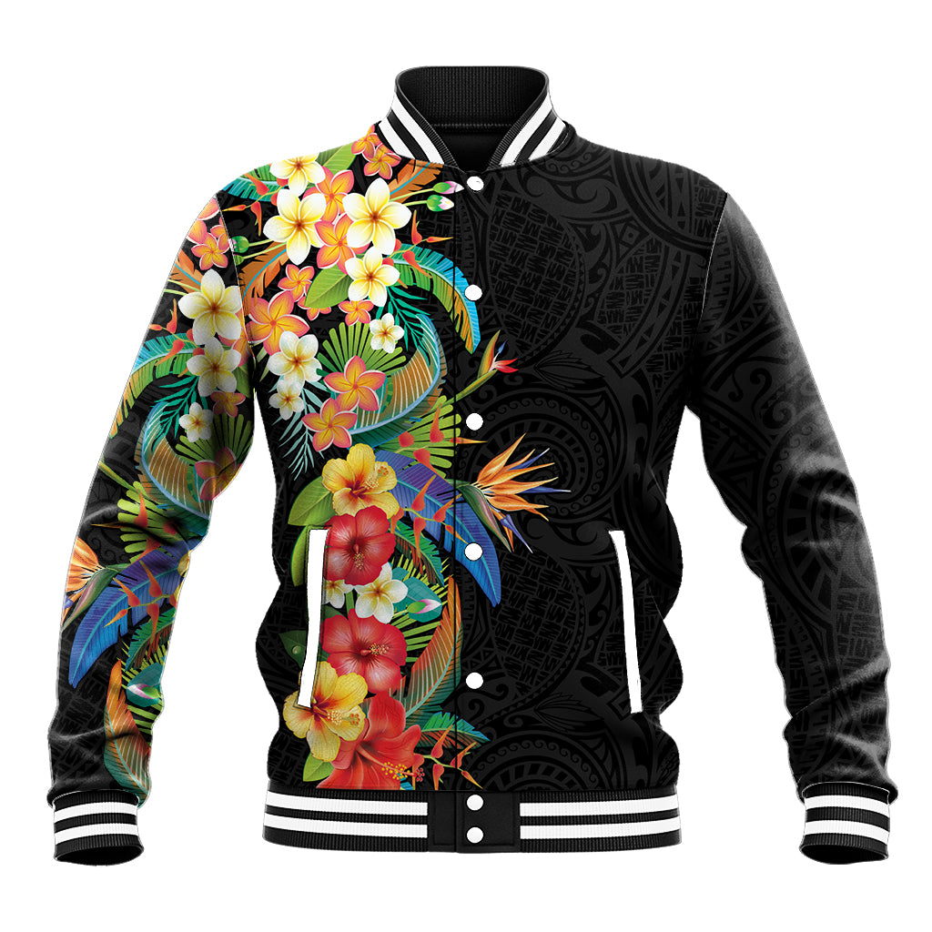 Hawaii Tropical Flowers Tribal Pattern Baseball Jacket No5 LT9 Unisex Black - Polynesian Pride