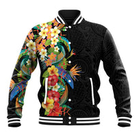 Hawaii Tropical Flowers Tribal Pattern Baseball Jacket No5 LT9 Unisex Black - Polynesian Pride