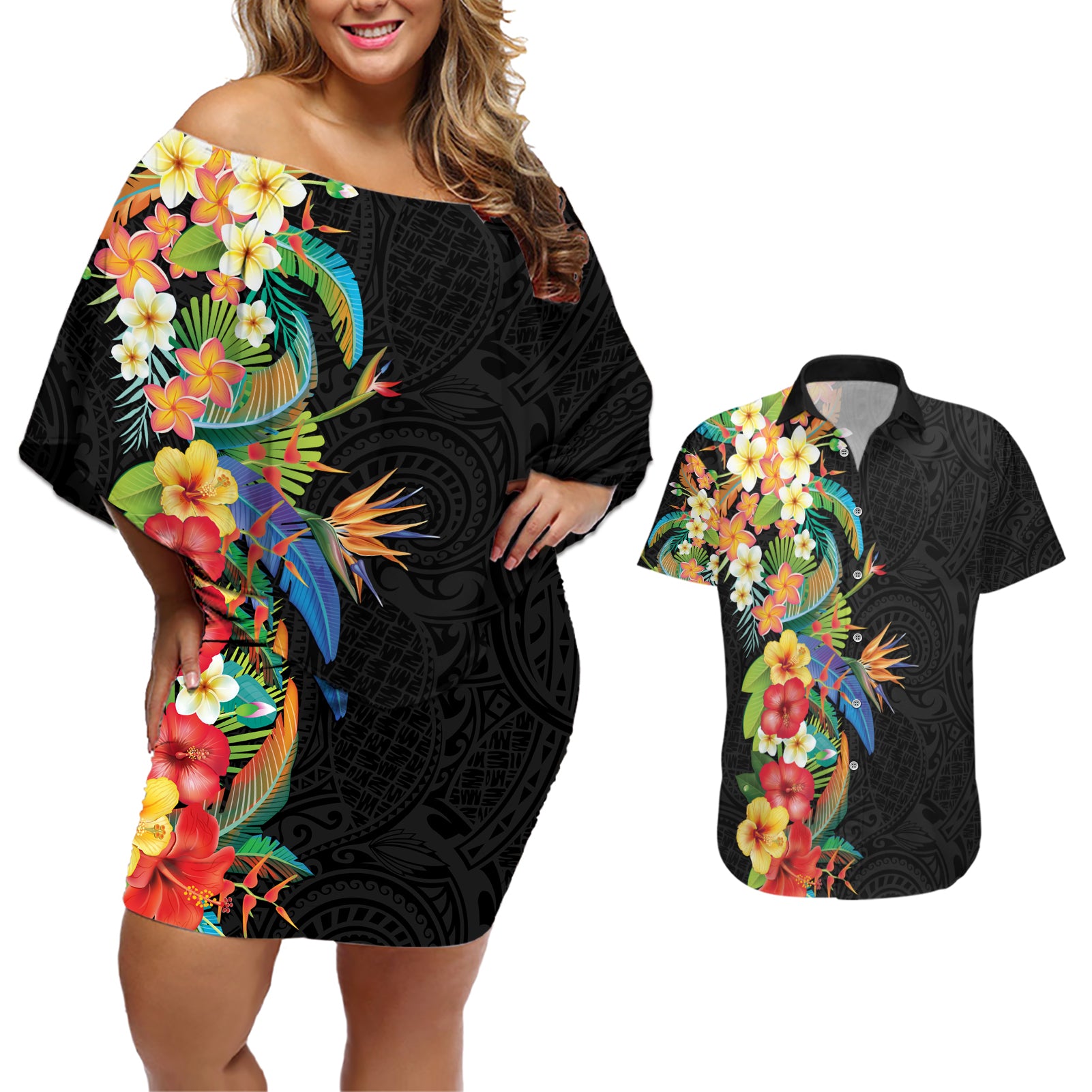 Hawaii Tropical Flowers Tribal Pattern Couples Matching Off Shoulder Short Dress and Hawaiian Shirt No5 LT9 Black - Polynesian Pride