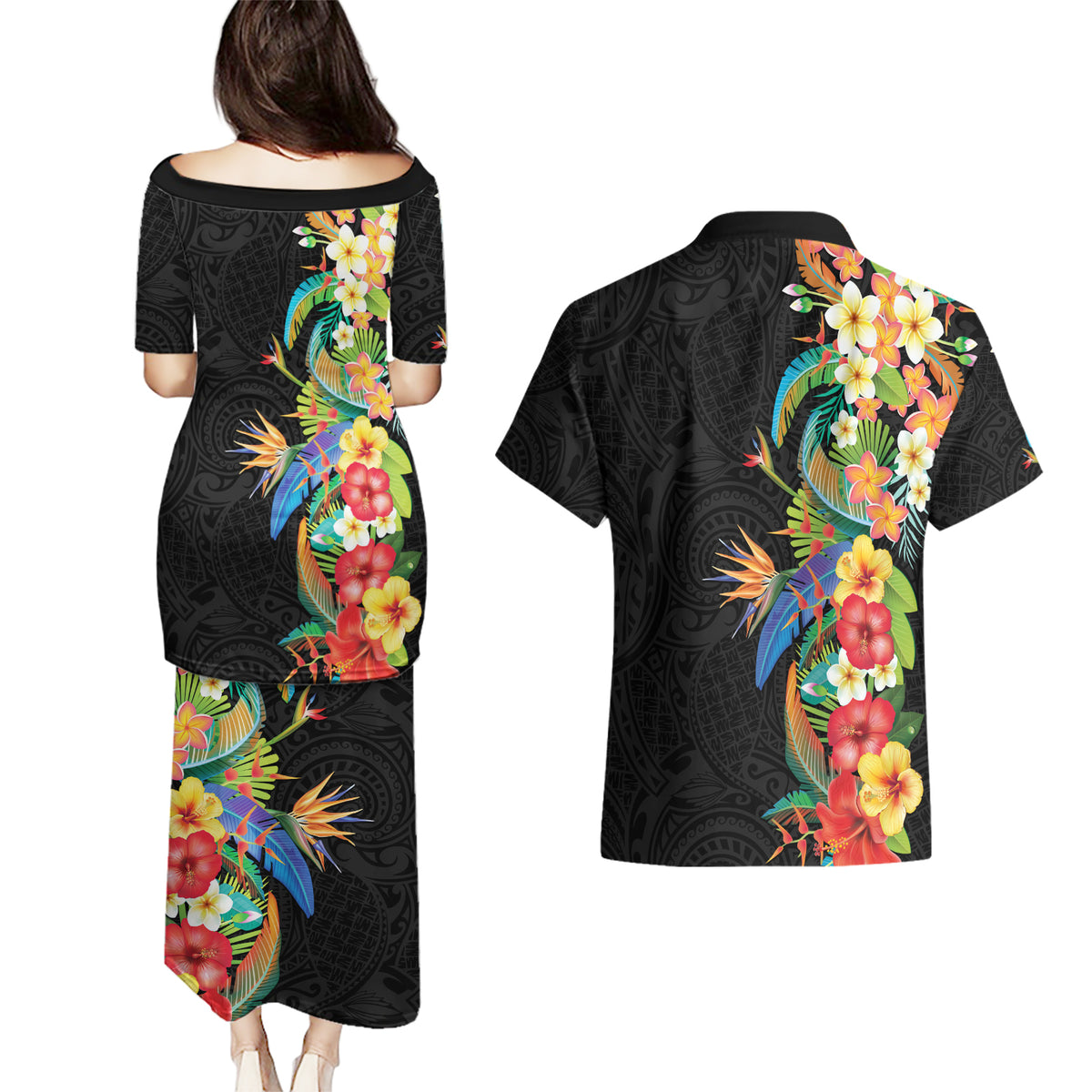 Hawaii Tropical Flowers Tribal Pattern Couples Matching Puletasi and Hawaiian Shirt No5 LT9 - Polynesian Pride