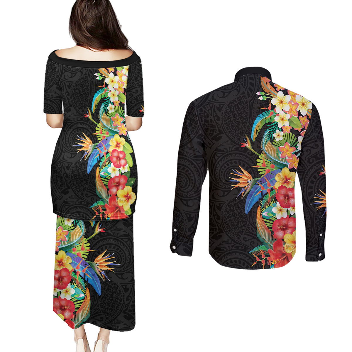 Hawaii Tropical Flowers Tribal Pattern Couples Matching Puletasi and Long Sleeve Button Shirt No5 LT9 - Polynesian Pride