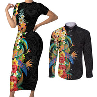 Hawaii Tropical Flowers Tribal Pattern Couples Matching Short Sleeve Bodycon Dress and Long Sleeve Button Shirt No5 LT9 Black - Polynesian Pride