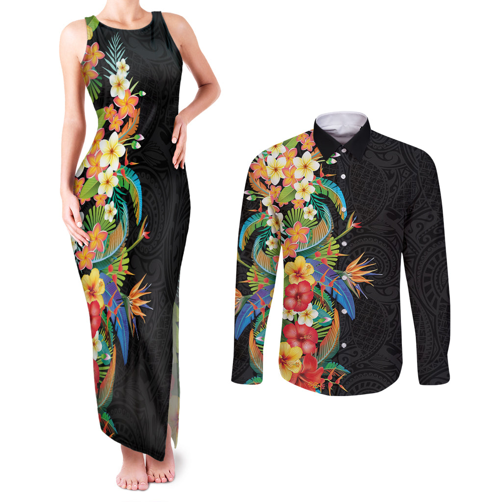 Hawaii Tropical Flowers Tribal Pattern Couples Matching Tank Maxi Dress and Long Sleeve Button Shirt No5 LT9 Black - Polynesian Pride