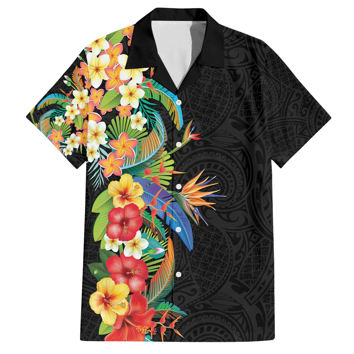 Hawaii Tropical Flowers Tribal Pattern Family Matching Off Shoulder Maxi Dress and Hawaiian Shirt No5 LT9 Dad's Shirt - Short Sleeve Black - Polynesian Pride