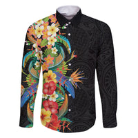 Hawaii Tropical Flowers Tribal Pattern Family Matching Tank Maxi Dress and Hawaiian Shirt No5 LT9 Dad's Shirt - Long Sleeve Black - Polynesian Pride