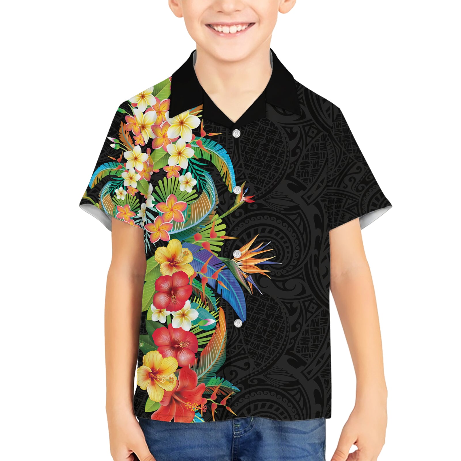 Hawaii Tropical Flowers Tribal Pattern Kid Hawaiian Shirt No5 LT9 Kid Black - Polynesian Pride