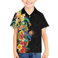 Hawaii Tropical Flowers Tribal Pattern Kid Hawaiian Shirt No5 LT9 Kid Black - Polynesian Pride