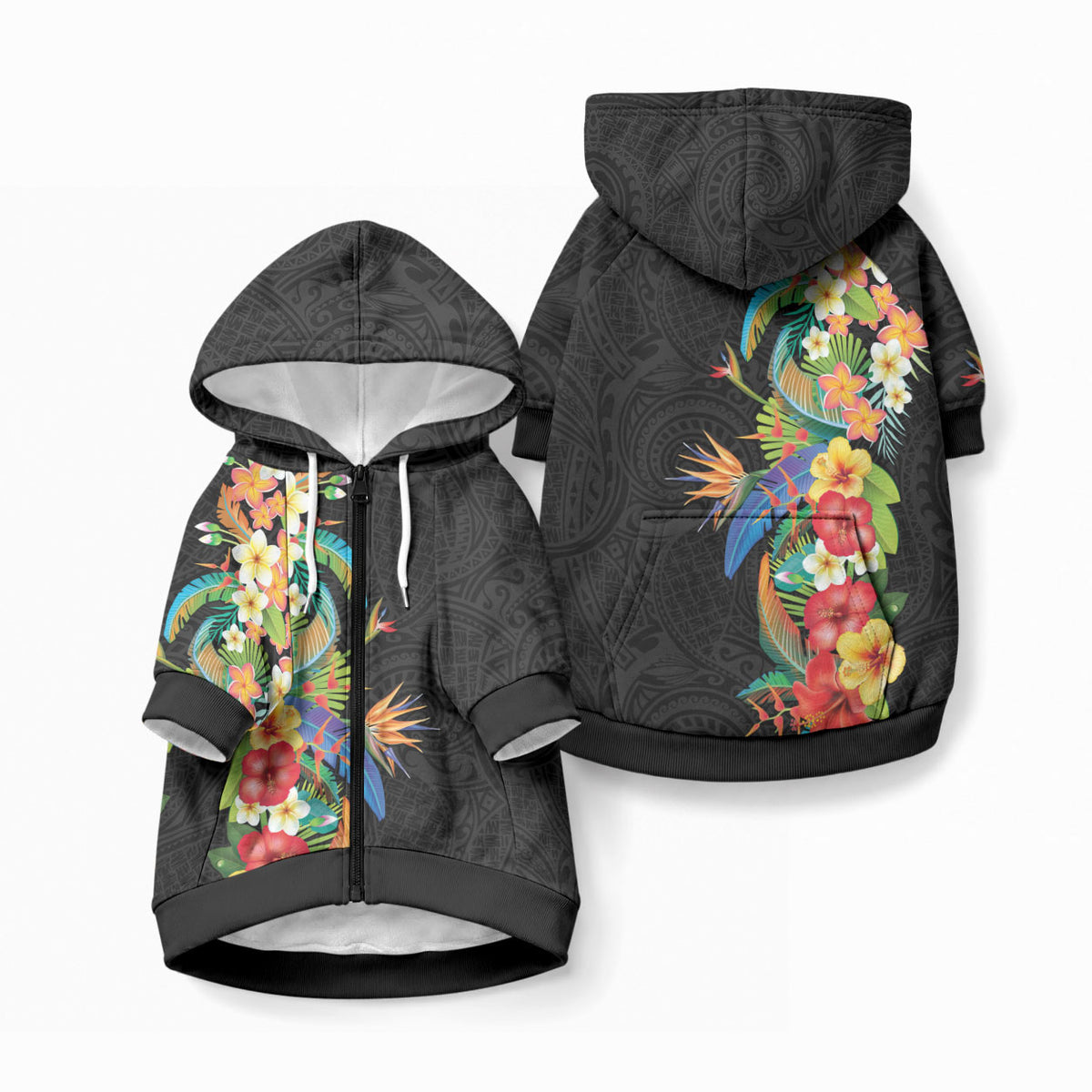 Hawaii Tropical Flowers Tribal Pattern Pet Hoodie No5 LT9 Zip-up Black - Polynesian Pride