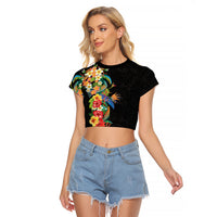 Hawaii Tropical Flowers Tribal Pattern Raglan Cropped T Shirt No5 LT9 Female Black - Polynesian Pride
