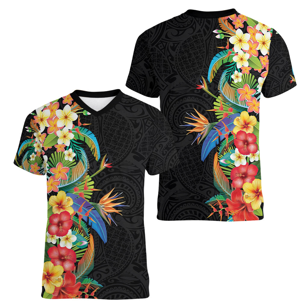 Hawaii Tropical Flowers Tribal Pattern Women V Neck T Shirt No5 LT9 - Polynesian Pride