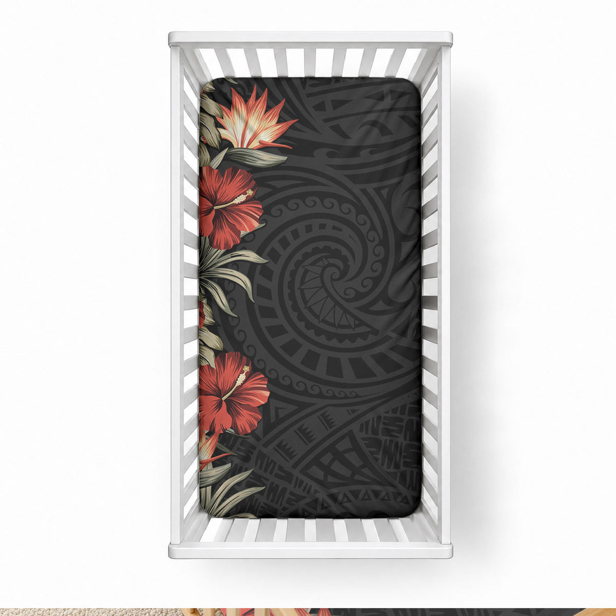 Hawaii Tropical Flowers Tribal Pattern Baby Bed Cover No6 LT9 28 × 52 in Black - Polynesian Pride