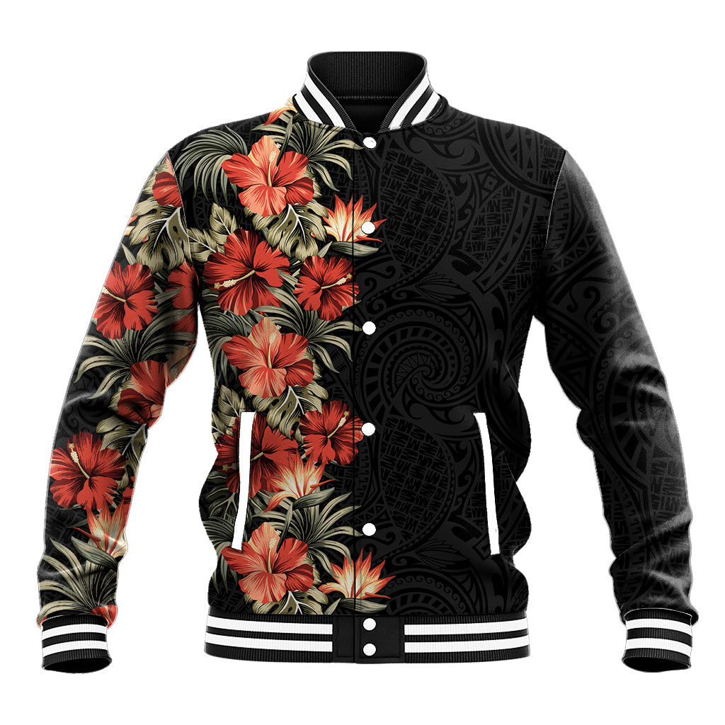Hawaii Tropical Flowers Tribal Pattern Baseball Jacket No6 LT9 Unisex Black - Polynesian Pride