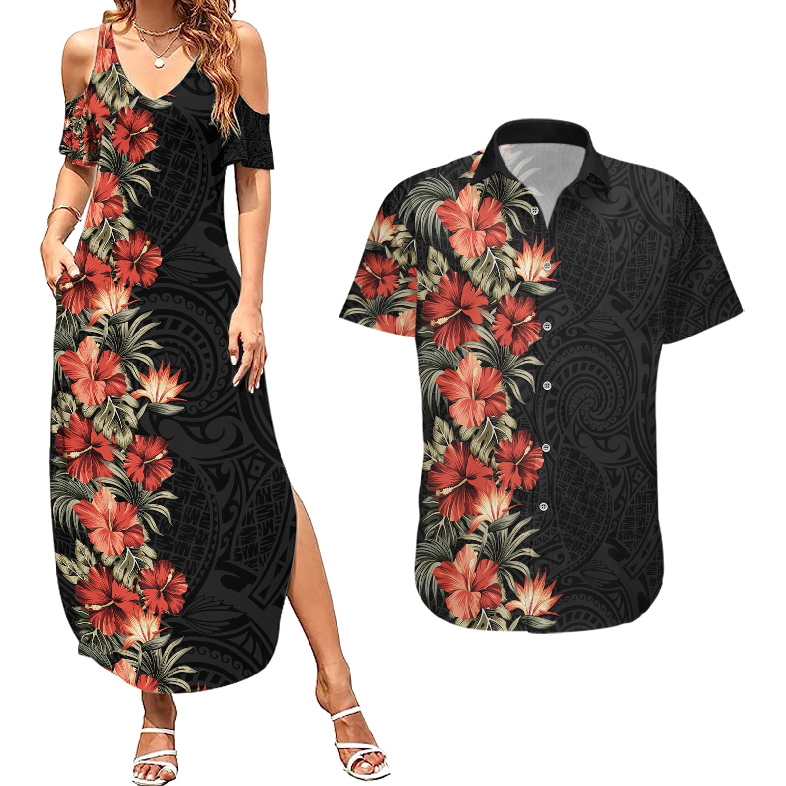 Hawaii Tropical Flowers Tribal Pattern Couples Matching Summer Maxi Dress and Hawaiian Shirt No6 LT9 Black - Polynesian Pride