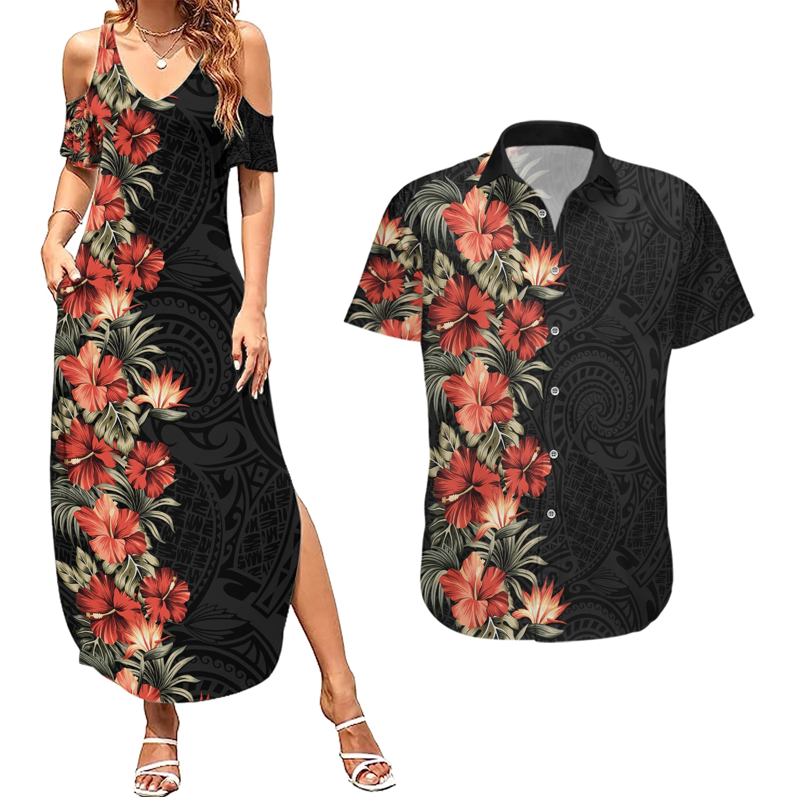 Hawaii Tropical Flowers Tribal Pattern Couples Matching Summer Maxi Dress and Hawaiian Shirt No6 LT9 Black - Polynesian Pride