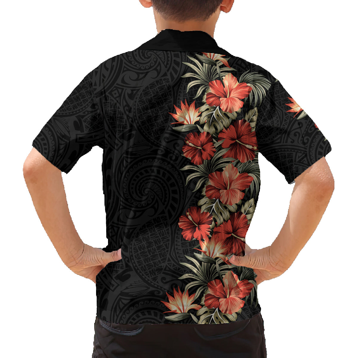 Hawaii Tropical Flowers Tribal Pattern Family Matching Off Shoulder Long Sleeve Dress and Hawaiian Shirt No6 LT9 - Polynesian Pride