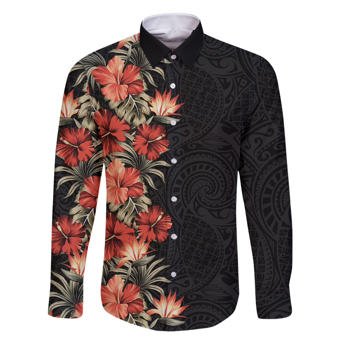 Hawaii Tropical Flowers Tribal Pattern Family Matching Off Shoulder Short Dress and Hawaiian Shirt No6 LT9 Dad's Shirt - Long Sleeve Black - Polynesian Pride