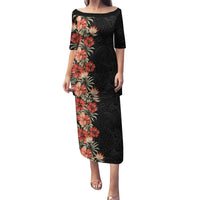 Hawaii Tropical Flowers Tribal Pattern Family Matching Puletasi and Hawaiian Shirt No6 LT9 Mom's Dress Black - Polynesian Pride
