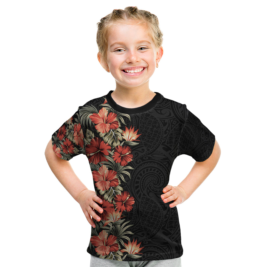 Hawaii Tropical Flowers Tribal Pattern Kid T Shirt No6 LT9 Black - Polynesian Pride