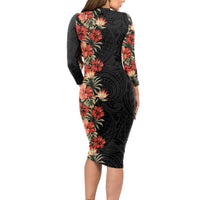Hawaii Tropical Flowers Tribal Pattern Long Sleeve Bodycon Dress No6 LT9 - Polynesian Pride