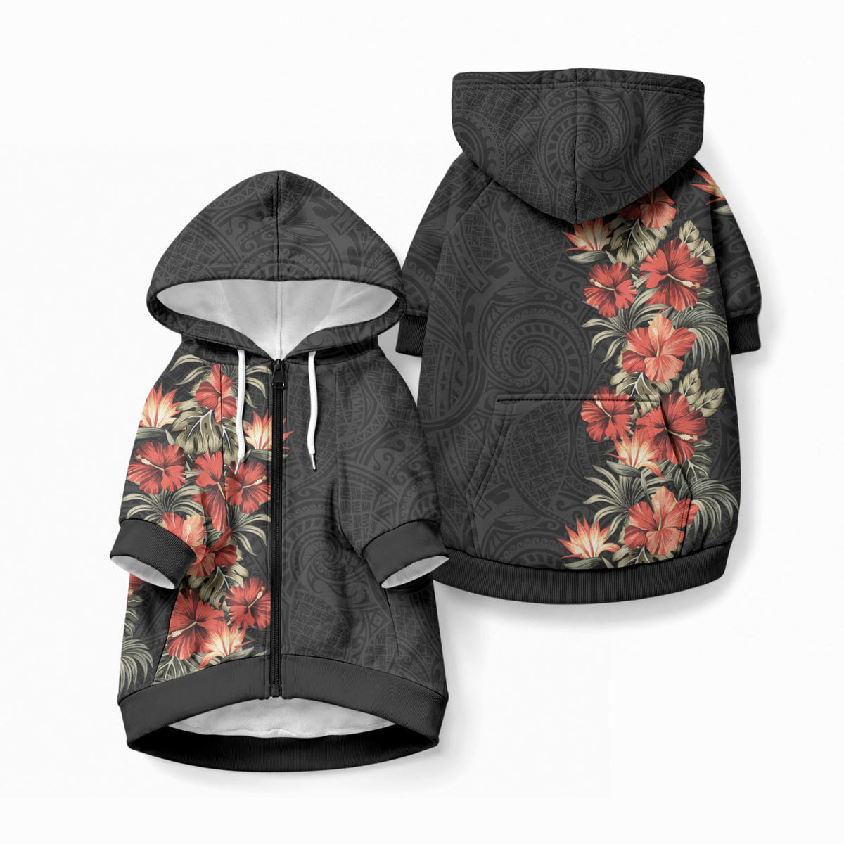 Hawaii Tropical Flowers Tribal Pattern Pet Hoodie No6 LT9 Zip-up Black - Polynesian Pride