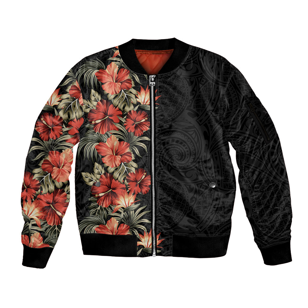 Hawaii Tropical Flowers Tribal Pattern Sleeve Zip Bomber Jacket No6 LT9 Unisex Black - Polynesian Pride