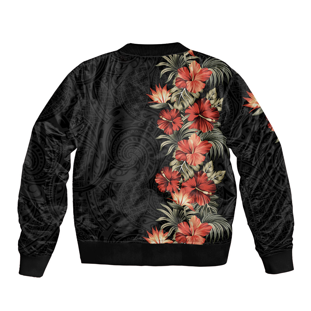 Hawaii Tropical Flowers Tribal Pattern Sleeve Zip Bomber Jacket No6 LT9 - Polynesian Pride