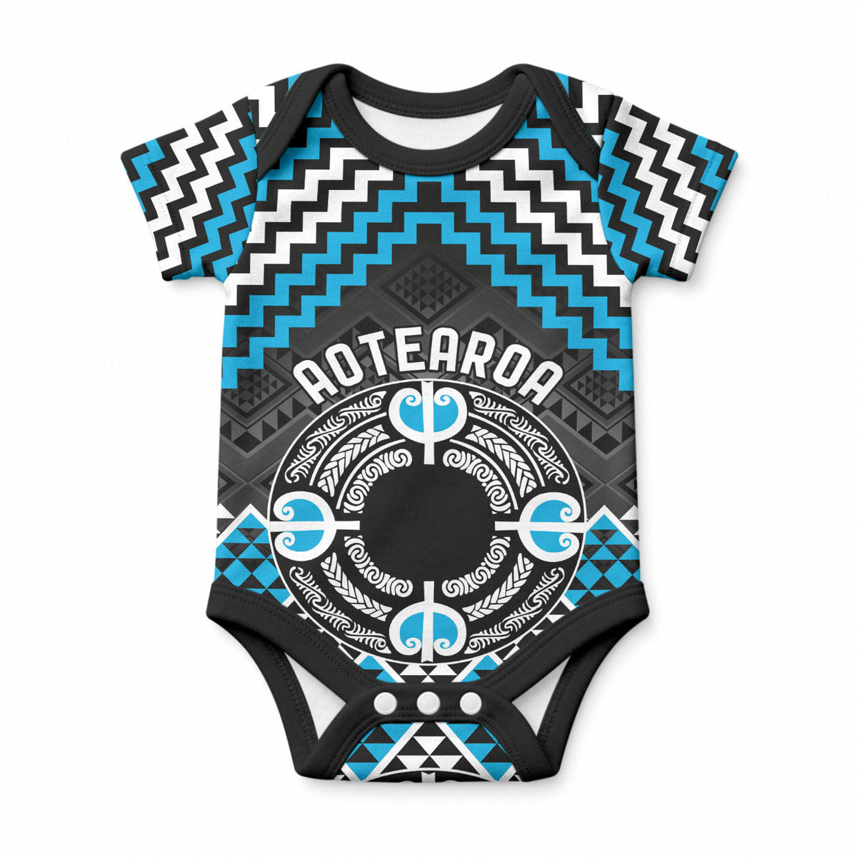 Personalised Aotearoa Niho Taniwha Motif Baby Onesie Blue Style LT9 Blue - Polynesian Pride