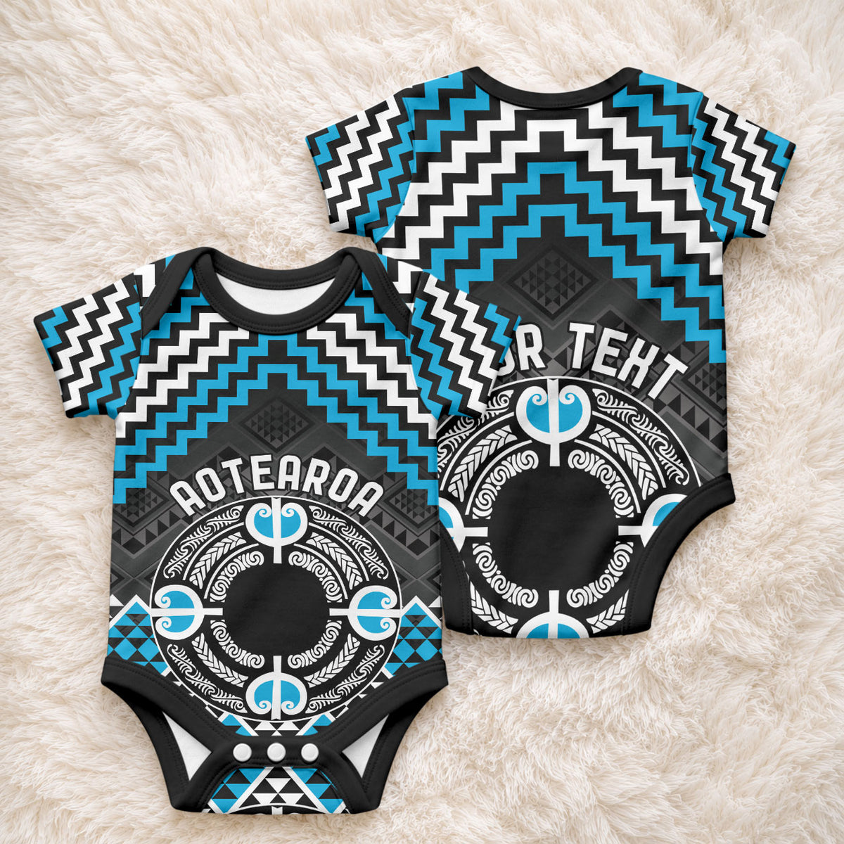 Personalised Aotearoa Niho Taniwha Motif Baby Onesie Blue Style LT9 - Polynesian Pride