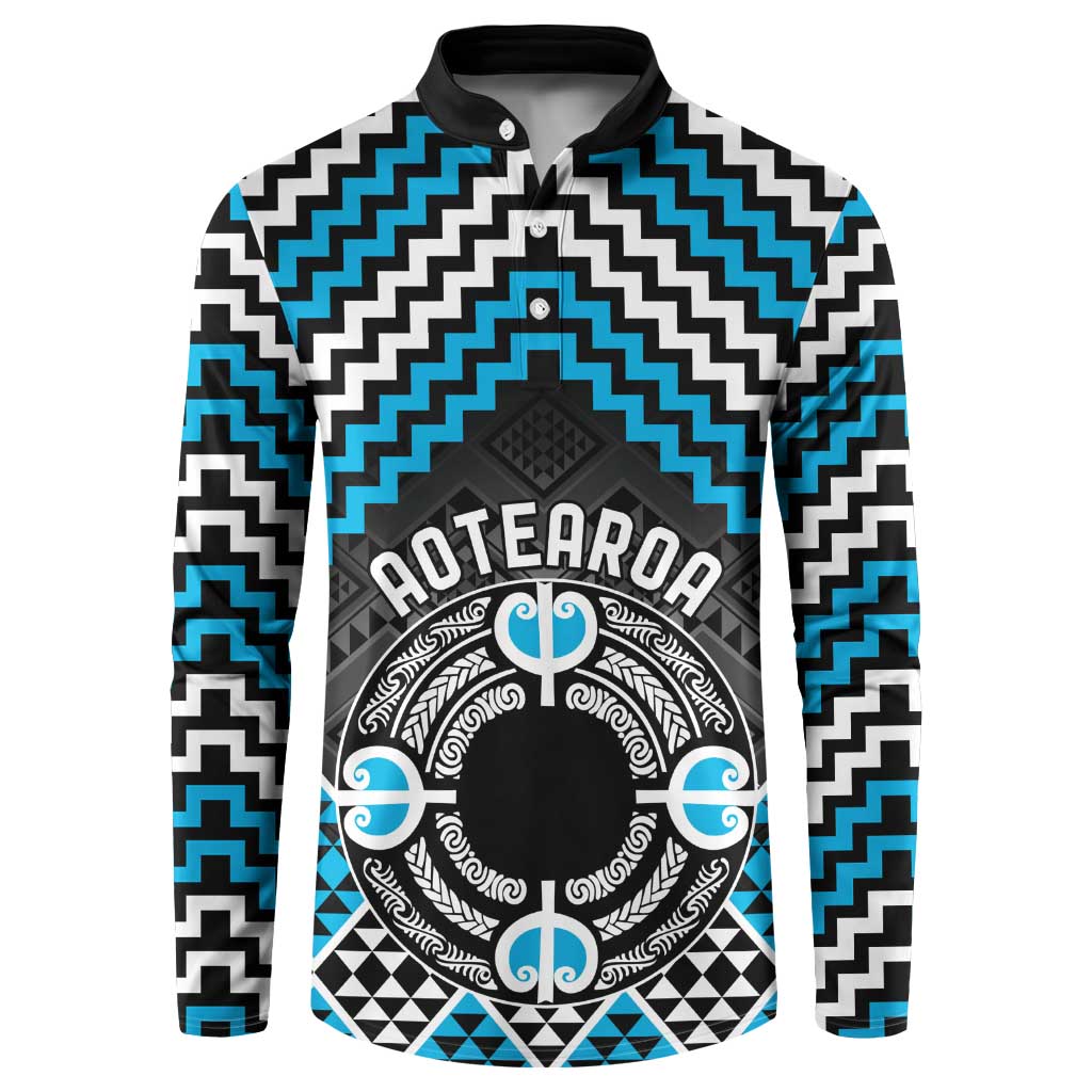 Personalised Aotearoa Niho Taniwha Motif Button Sweatshirt Blue Style LT9 Blue - Polynesian Pride