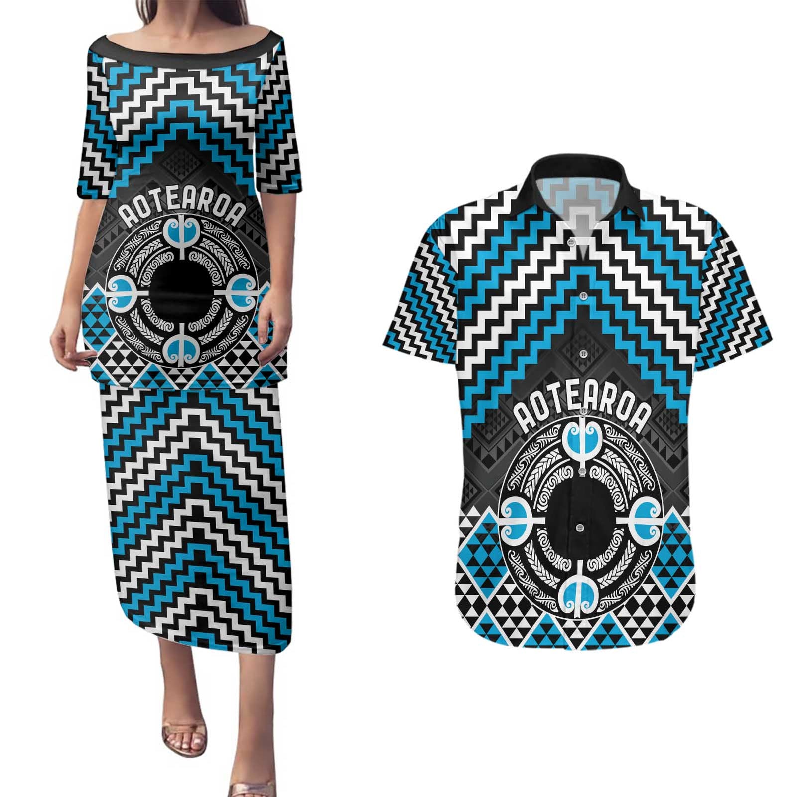 Personalised Aotearoa Niho Taniwha Motif Couples Matching Puletasi and Hawaiian Shirt Blue Style LT9 Blue - Polynesian Pride