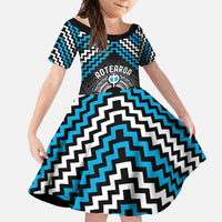 Personalised Aotearoa Niho Taniwha Motif Family Matching Long Sleeve Bodycon Dress and Hawaiian Shirt Blue Style LT9 Daughter's Dress Blue - Polynesian Pride