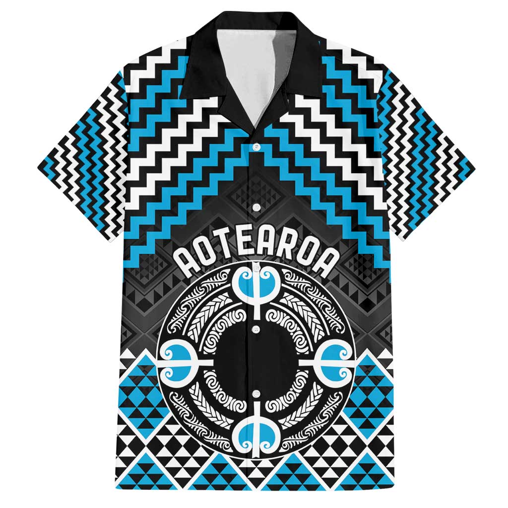 Personalised Aotearoa Niho Taniwha Motif Family Matching Long Sleeve Bodycon Dress and Hawaiian Shirt Blue Style LT9 Dad's Shirt - Short Sleeve Blue - Polynesian Pride