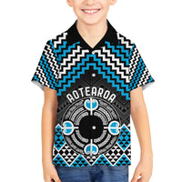 Personalised Aotearoa Niho Taniwha Motif Family Matching Long Sleeve Bodycon Dress and Hawaiian Shirt Blue Style LT9 Son's Shirt Blue - Polynesian Pride