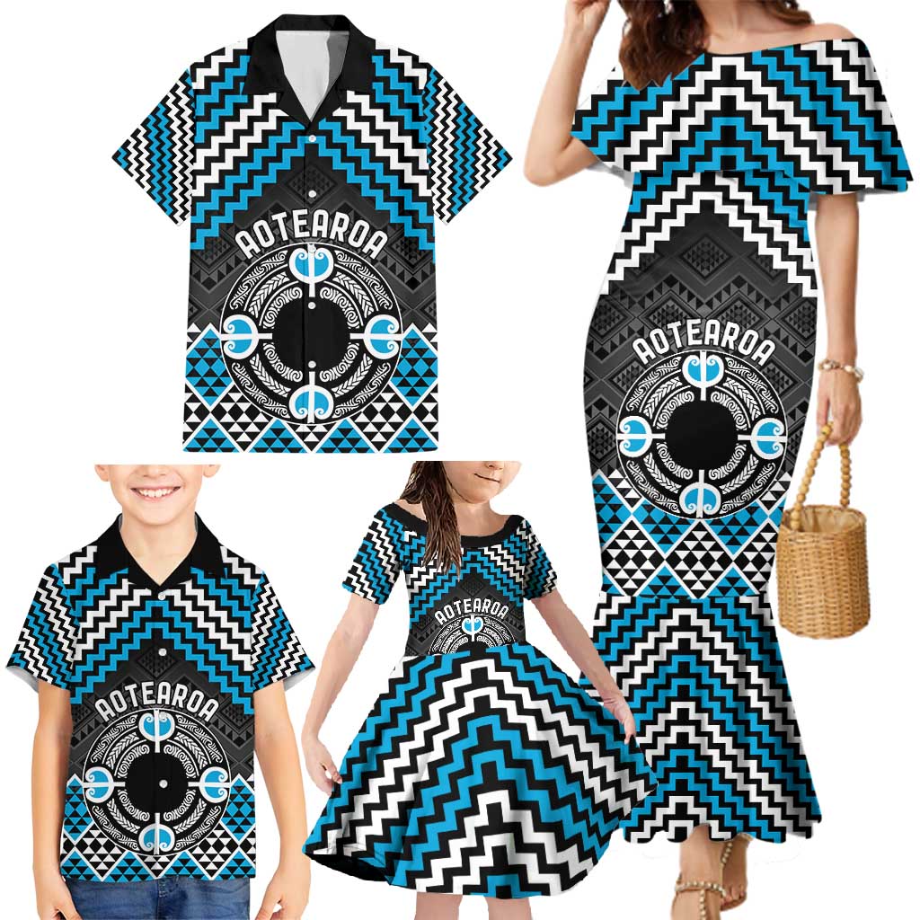 Personalised Aotearoa Niho Taniwha Motif Family Matching Mermaid Dress and Hawaiian Shirt Blue Style LT9 - Polynesian Pride