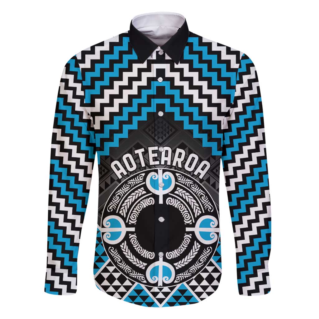 Personalised Aotearoa Niho Taniwha Motif Family Matching Mermaid Dress and Hawaiian Shirt Blue Style LT9 Dad's Shirt - Long Sleeve Blue - Polynesian Pride