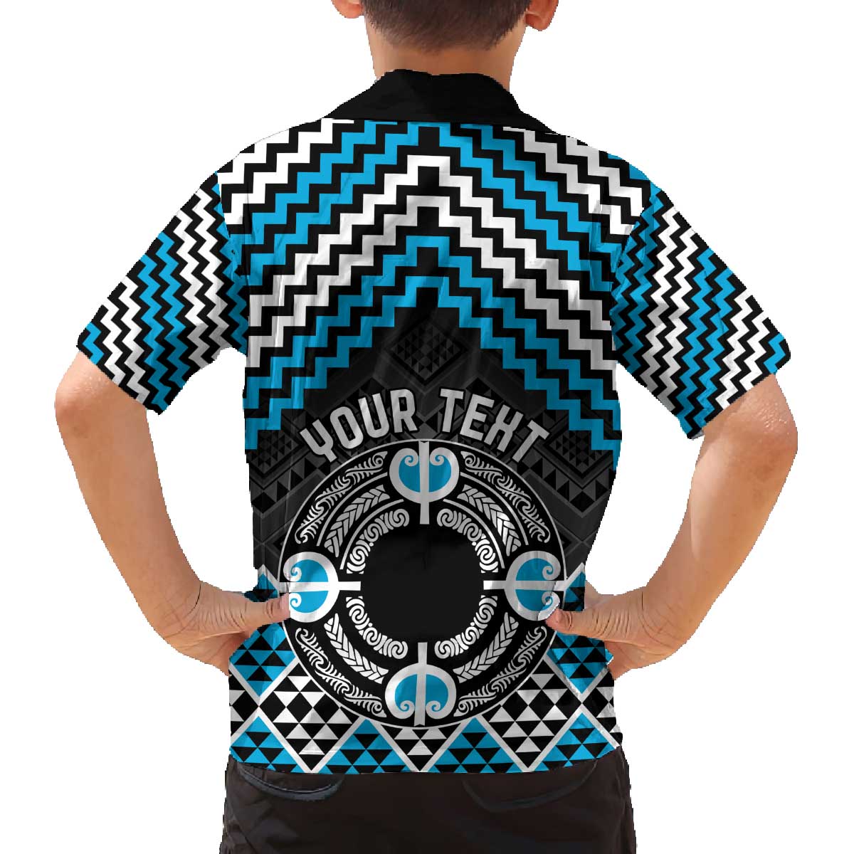 Personalised Aotearoa Niho Taniwha Motif Family Matching Off The Shoulder Long Sleeve Dress and Hawaiian Shirt Blue Style LT9 - Polynesian Pride