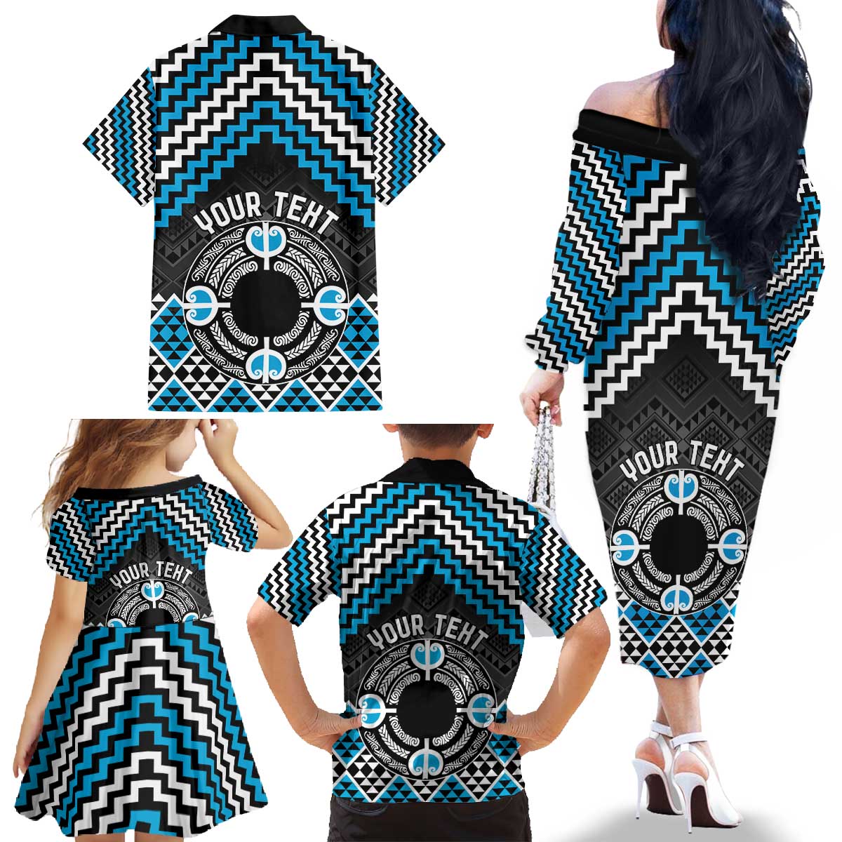 Personalised Aotearoa Niho Taniwha Motif Family Matching Off The Shoulder Long Sleeve Dress and Hawaiian Shirt Blue Style LT9 - Polynesian Pride