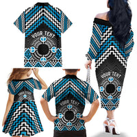 Personalised Aotearoa Niho Taniwha Motif Family Matching Off The Shoulder Long Sleeve Dress and Hawaiian Shirt Blue Style LT9 - Polynesian Pride